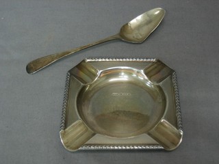 A square silver ashtray and a silver spoon 3 ozs