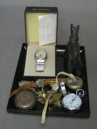 An open faced pocket watch, a War Office issue compass by Barker & Sons 1932 and various wristwatches etc
