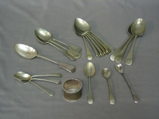 A silver napkin ring with engine turned decoration, a George V Silver Jubilee silver teaspoon and a collection of flatware