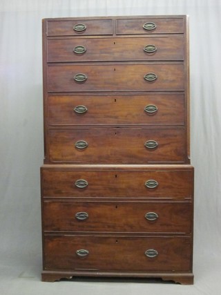 A Georgian mahogany chest on chest, the upper section with canted corners and 2 short and 3 long drawers, the base fitted 3 long drawers raised on bracket feet 39" (no cornice)