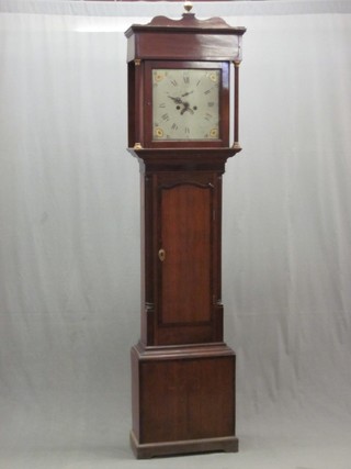 An 18th Century 8 day longcase clock with 13" square painted dial having Roman numerals, minute indicator and calendar aperture, contained in an oak case 84"