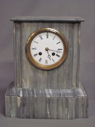 A French 8 day striking mantel clock with porcelain dial and Arabic numerals contained in a grey veined marble case