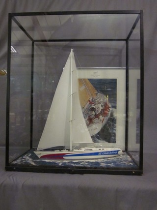 A signed coloured photograph of the 1996-1997 BT Global Challenge Yacht Time and Tide, signed by Chay Bly 20" x 13" together with a model of the Yacht contained in a large glazed case