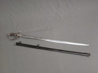 A Victorian Infantry Officer's sword with 34 1/2" etched blade with Royal Cypher, contained in a metal scabbard