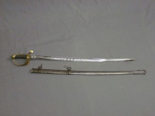 A Victorian Infantry Officer's sword with 32" etched blade with Royal Cypher and having a gilt metal guard by E Thurkle of London, complete with polished steel scabbard