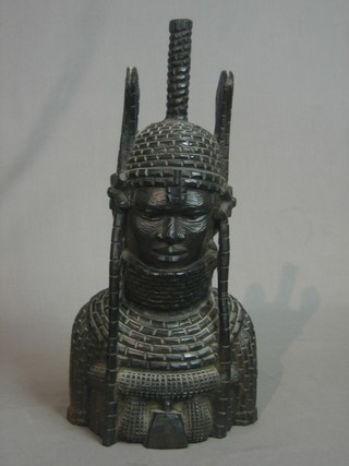 A Benin style carved hardwood head and shoulders portraits bust of a gentleman, the base marked Oba Ozolia 15"