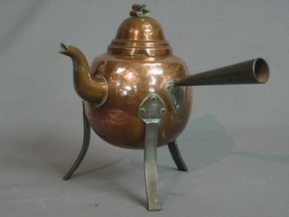 An Art Nouveau style copper and polished steel side handled teapot, raised on panelled supports 10"