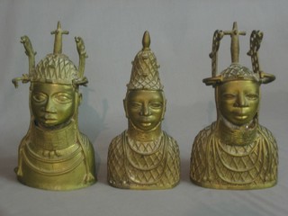 3 gilt metal Benin style portrait busts 11"