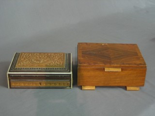 An Art Deco walnut trinket box with hinged lid 7 1/2" and a carved Burmese box with hinged lid