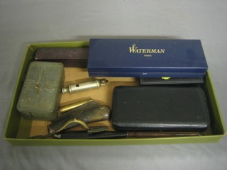 A Waterman roller ball pen, a Conway Stuart fountain pen, a Ronson light, a pair of dividers, various curios etc