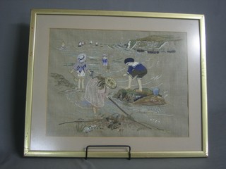 A woolwork picture "Shrimping Scene" 14" x 18"