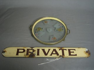 A circular gilt metal and glass tray decorated cards together with a rectangular enamelled sign marked Private 18"