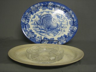 A  blue and white oval meat plate, a Woods oval blue and white meat plate decorated a Turkey and 3 glass hors d'eouvres dishes