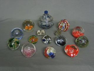 A Caithness Reflections 94 paperweight, 11 other glass paperweights, 2  silver plated paperweights in the form of  cottages and a glass jar and cover with white metal frame