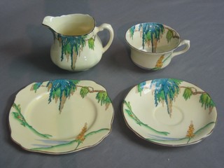A Royal Staffordshire J W Wilkinson Sunny-Brook patterned tea cup and saucer, do. plate 6" and a cream jug