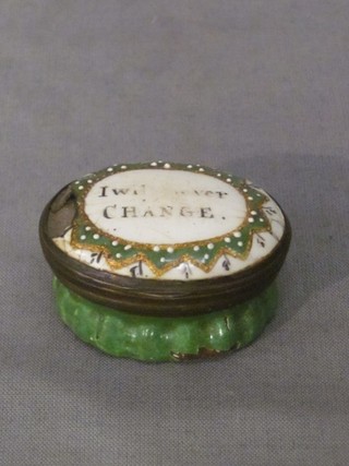 An 18th Century green oval enamelled patch box, the lid marked I Will Never Change, the interior with mirror 1" (heavily f)