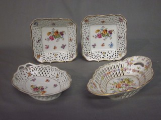 A pair of late Dresden square porcelain ribbon work bowls with floral decoration 6" together with 2 Dresden pierced boat shaped bowls (1f)