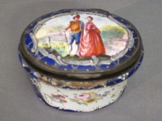 An 18th Century oval enamelled patch box decorated a Romantic Scene, 3" (heavily crazed and some chips)
