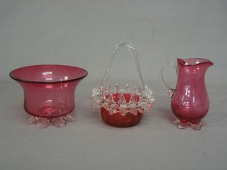 A cranberry glass bowl 5", do. jug 4" and do. epergne basket