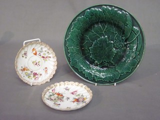 2 circular Dresden porcelain saucers with floral decoration 5" and a green leaf shaped plate 9"