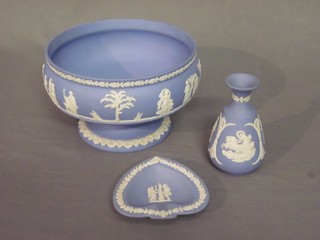 A circular Wedgwood blue Jasperware bowl 8", a heart shaped dish 4" and a vase 5"