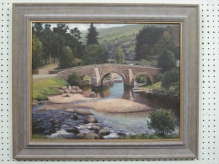 A Wilson Burns, 20th Century oil on canvas "Dartmoor, a Rural Three Arched Bridge with Hills in Distance" 15" x 19"