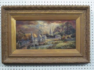 Prudence Turner, 19th Century oil on canvas "River with Bridge, Thatched Cottage and Church in Distance" 7" x 15"