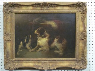 19th Century oil on canvas "Seated Dog" indistinctly signed to bottom right hand corner 11" x 15"
