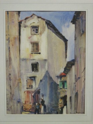 Romilly Feddin, Continental watercolour drawing "Street Scene with Figures" 12" x 10"