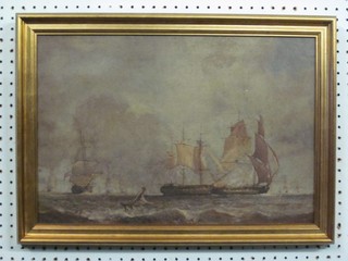 An 18th/19th Century oil on canvas "Naval Engagement" 13" x 18 1/2", monogrammed J,