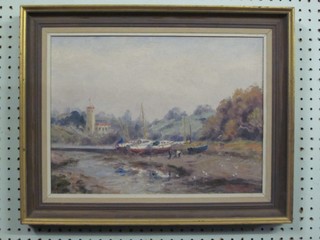 Ernest Knight, impressionist oil on canvas "Stoke Gabriel with Beached Boats" 11" x 15"
