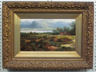 19th Century oil on board "On the Banks of the Ayr with Croft and Mountains in the Distance" 7" x 12"
