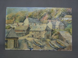 E J N Thiploney, oil on board "Cornish Fishing Village" 10" x 16"