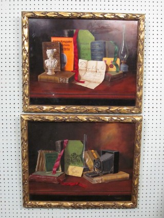 T Gabris, a pair of Continental still life studies "Box and Bellows Camera" 15" x 19" contained in decorative gilt frames