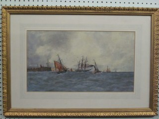 Watercolour drawing "Dover Harbour? with Sailing Ships and Paddle Steamer"  10" x 17"