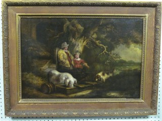 An 18th Century oil on board "Study of a Seated Gentleman and Girl Feeding a Pig" 15" x 23", the reverse labelled Peasant and Pig, unsigned, believed by Moorland from the Colonel German Collection, Highfield House Ashby De La Zouch, Leicestershire, original frame damaged, reframed 1975