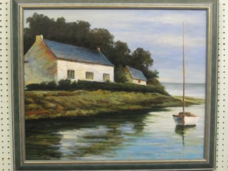 Oil on canvas "Study of White Painted Single Storey House by a Lake" 19" x 23"