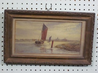 M J Batchelor, watercolour drawing "Thames Scene with Barge" 5" x 10"