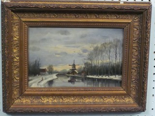 Dutch oil painting on board "Snowy Canal Scene with Windmill" 6" x 9"