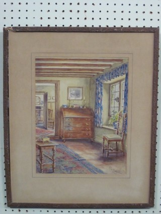 Eva Hal? watercolour drawing "Cottage Interior Scene with Bureau" 11" x 9 1/2"