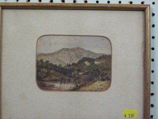Victorian watercolour "Mountain Lake" monogrammed SL 3 1/2" x 5"