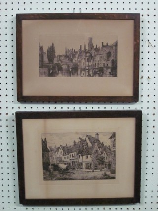 A pair of Continental etchings "Street and River Scenes" 6" x 9" contained in oak frames