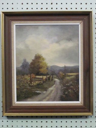 Parker, oil on board "Rural Scene with Track and Hills in Distance" 11" x 8 1/2"
