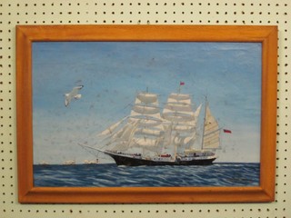 Oil on canvas, still life study "Three Masted Sailing Ship of Needles Isle of Wight" (canvas removed from the Lord Nelson) 12" x 19"