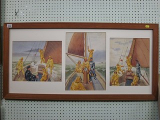 Humphrey J Lancaster, 3 watercolour drawings "Triptych, Young  Miky Learns Sailing" 16" x 36" all contained in one frame
