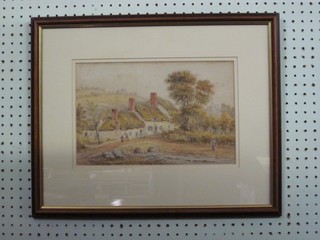 Watercolour drawing "Thatched Country Cottage with Two Arched Bridge, Stream and Figures", monogrammed HH83, labelled to reverse near Weymouth Hassler 8" x 12 1/2"