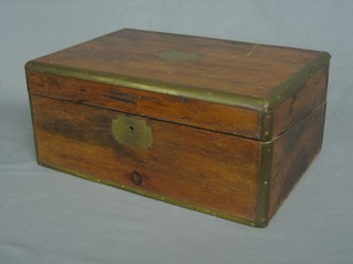A Victorian oak and brass banded writing slope with hinged lid 13" (locked)