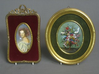 An oval portrait miniature print of a girl 4" and an oil on board miniature, still life study "Vase of Flowers" 4"