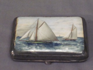 A handsome Edwardian silver and enamelled cigarette case with engraved decoration, the lid enamelled a scene of J Class racing yachts, Birmingham 1900