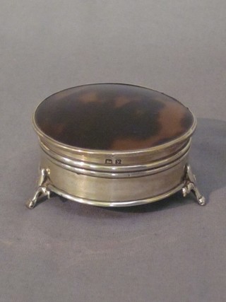 A circular silver and tortoiseshell trinket box with hinged lid Birmingham 1923 2 1/2"